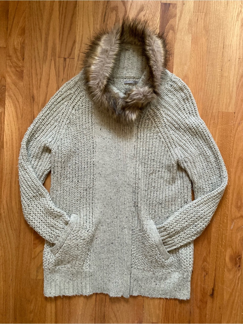 Rubbish Cream Knit Cardigan with Faux Fur Collar, zip up, XL, Nordstrom